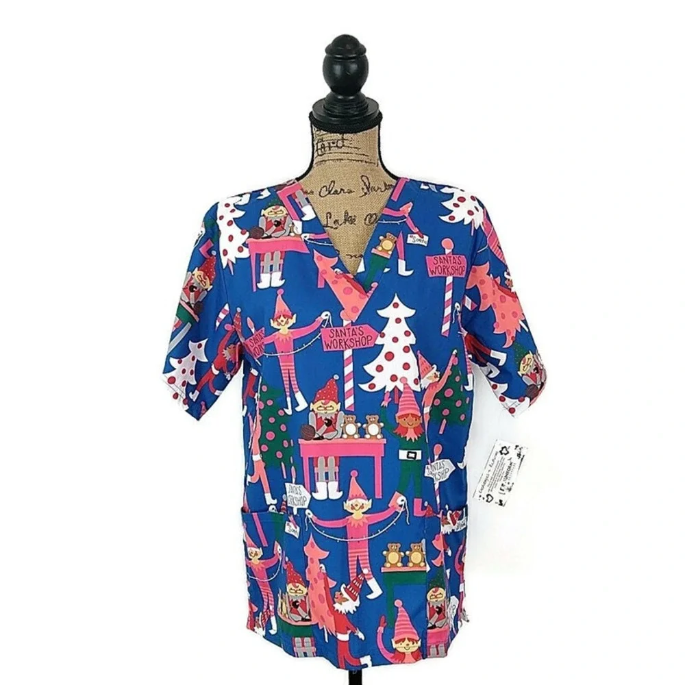 UA Scrubs Scrub Top Womens S Blue Santas Workshop Elves Christmas Holiday NEW